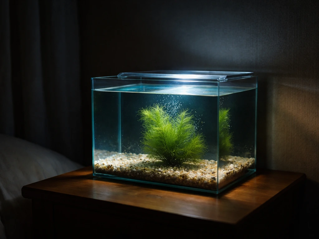 Hornwort in a small aquarium near the light source, with the surrounding room dimmer to imply low-light cues.