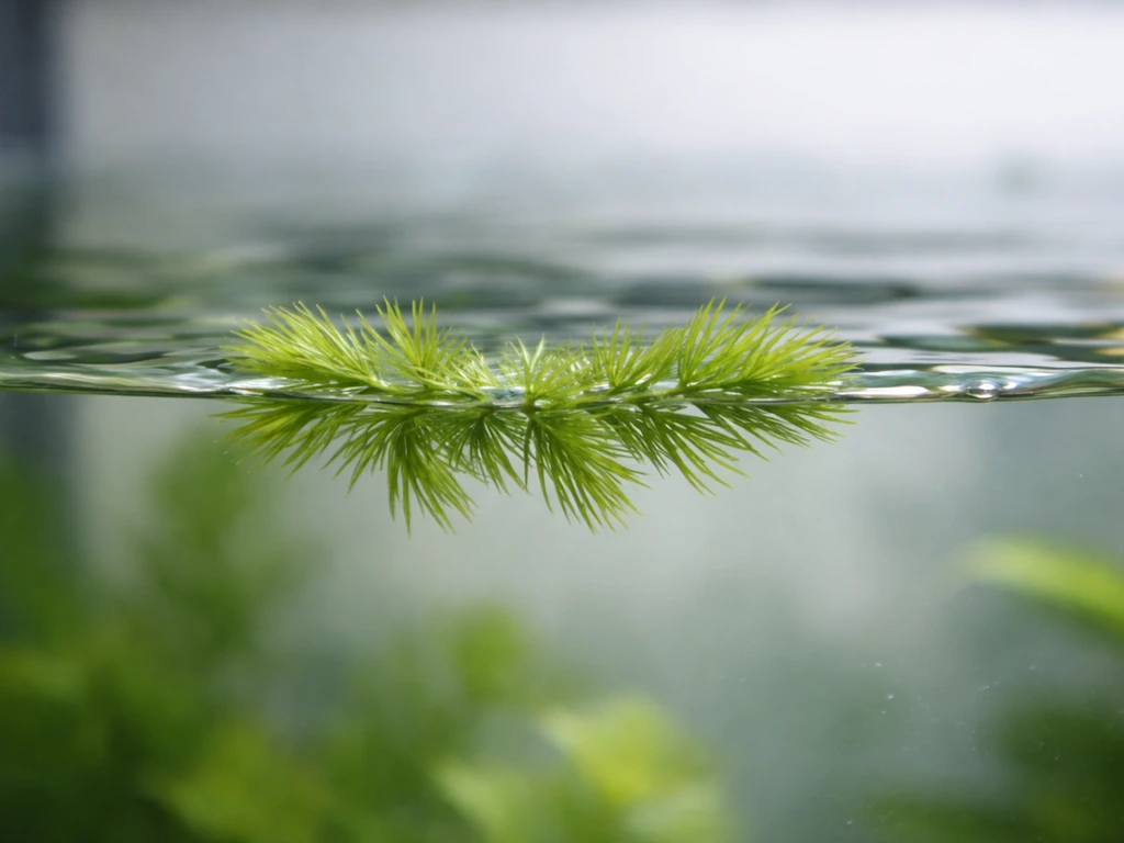 Close-up of hornwort floating at an aquarium surface with gentle ripples from top circulation.