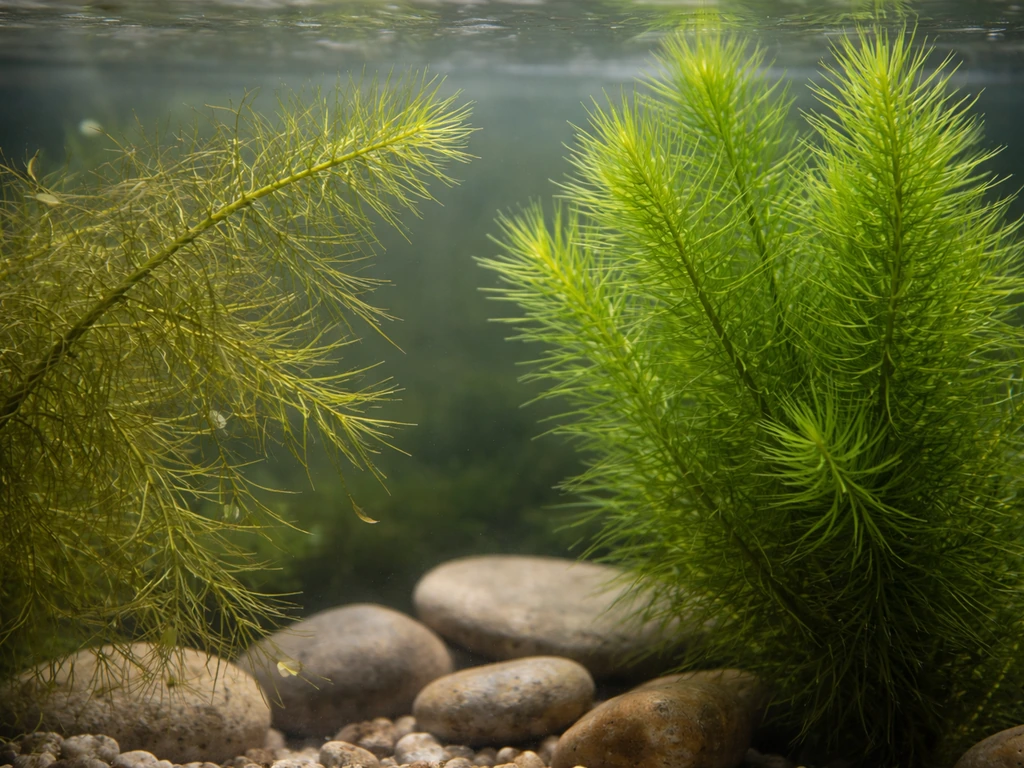 Close-up of hornwort in an aquarium: one section needle-like leaves falling off, another section greener and healthier.