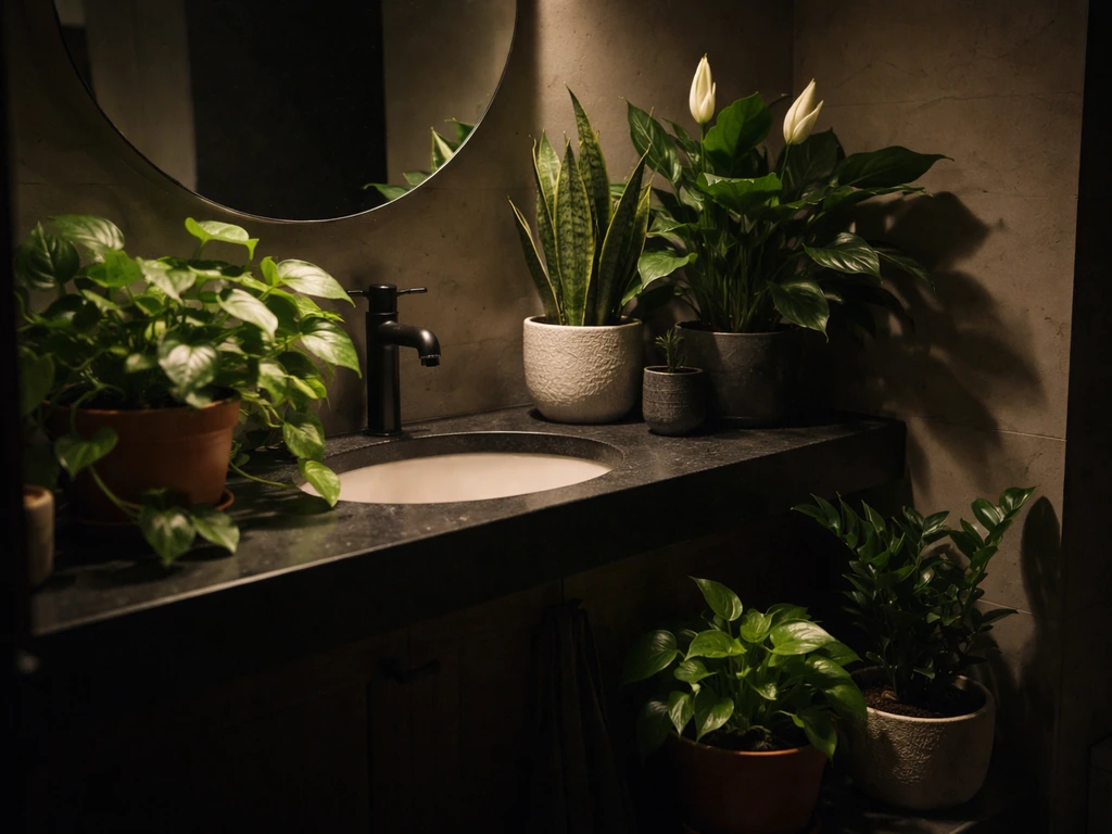 Dim bathroom with healthy low-light houseplants on a vanity shelf and floor.