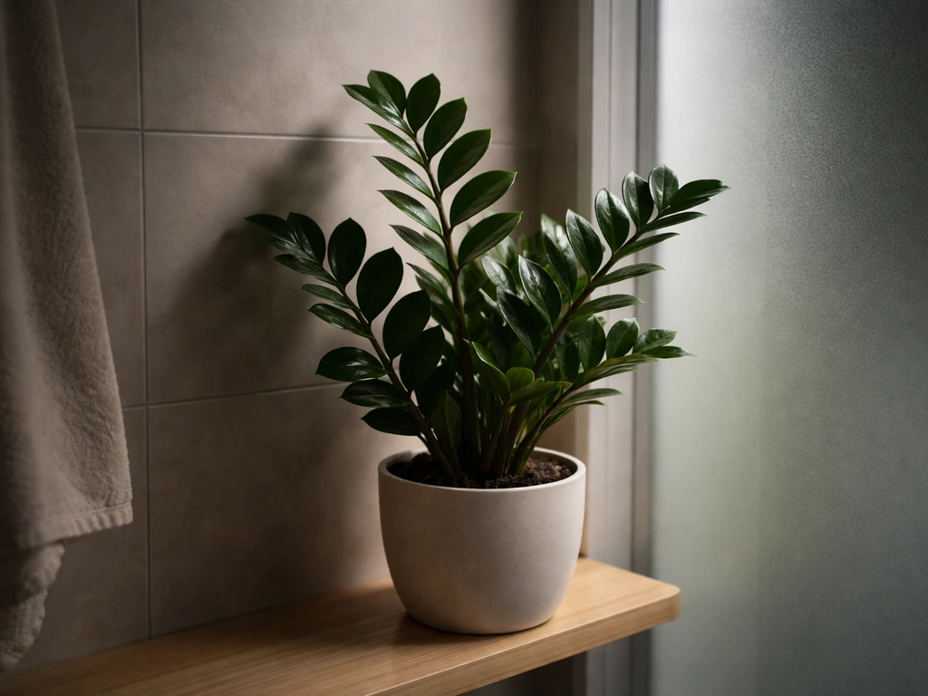 ZZ plant thriving on a narrow bathroom shelf in a dim corner with soft low light.