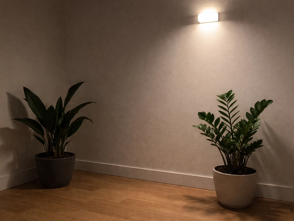 Two dim-room potted plants separated by distance from a wall light to show different low-light zones.