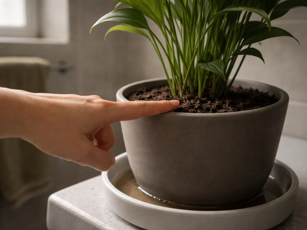 Finger testing soil moisture in a low-light bathroom plant pot with visible dry soil and drainage tray