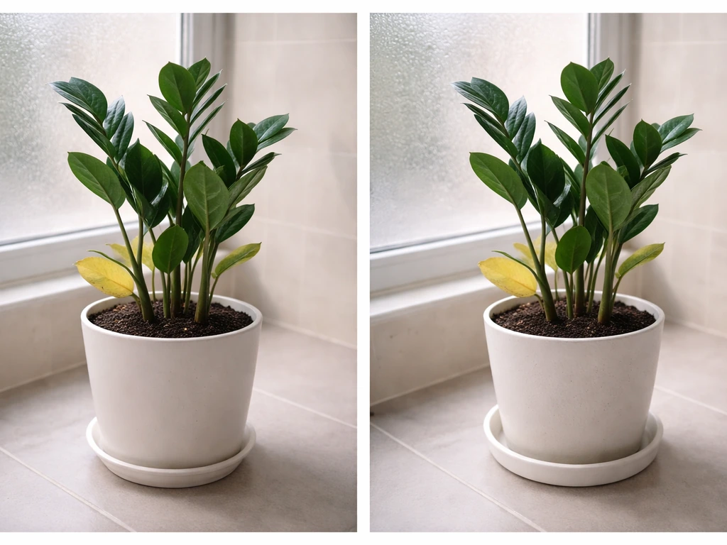 Low-light bathroom plant with yellowing lower leaves beside a pot showing better drainage setup.