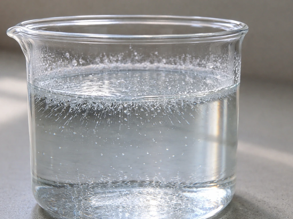 Macro close-up of a clear beaker where tiny crystals are beginning to form in a supersaturated solution.