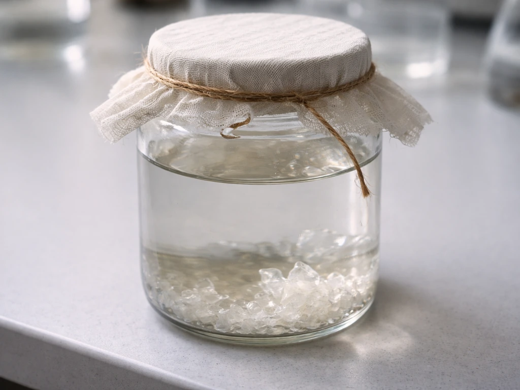 Glass jar loosely covered with a clear solution showing slow-evaporation crystal growth.