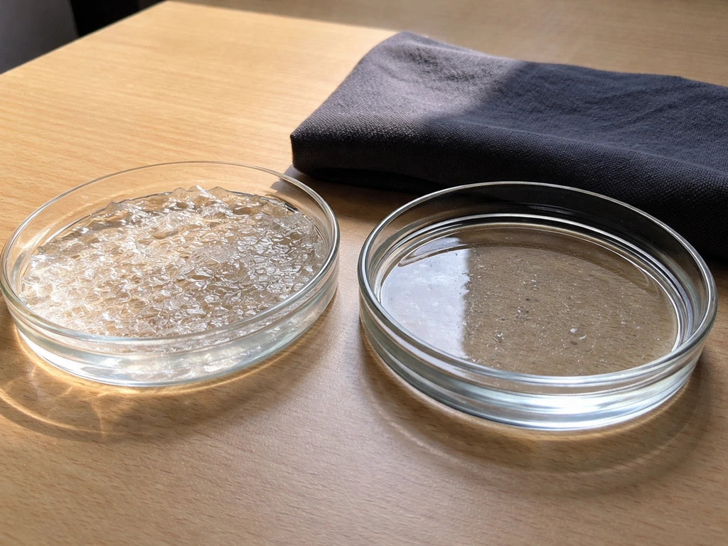 Two identical glass dishes side by side showing more crystals in sunlight than in shade.
