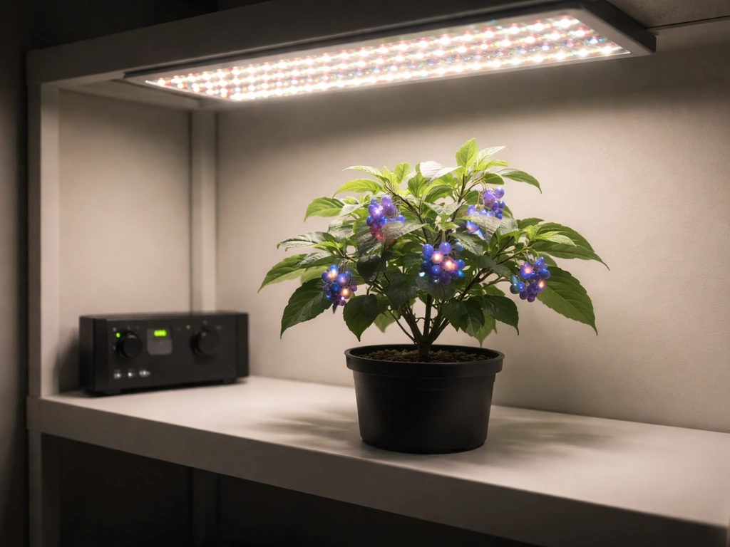 Glow berry plant under full-spectrum LED grow lights in a tidy indoor setup with visible night-cycle timer.