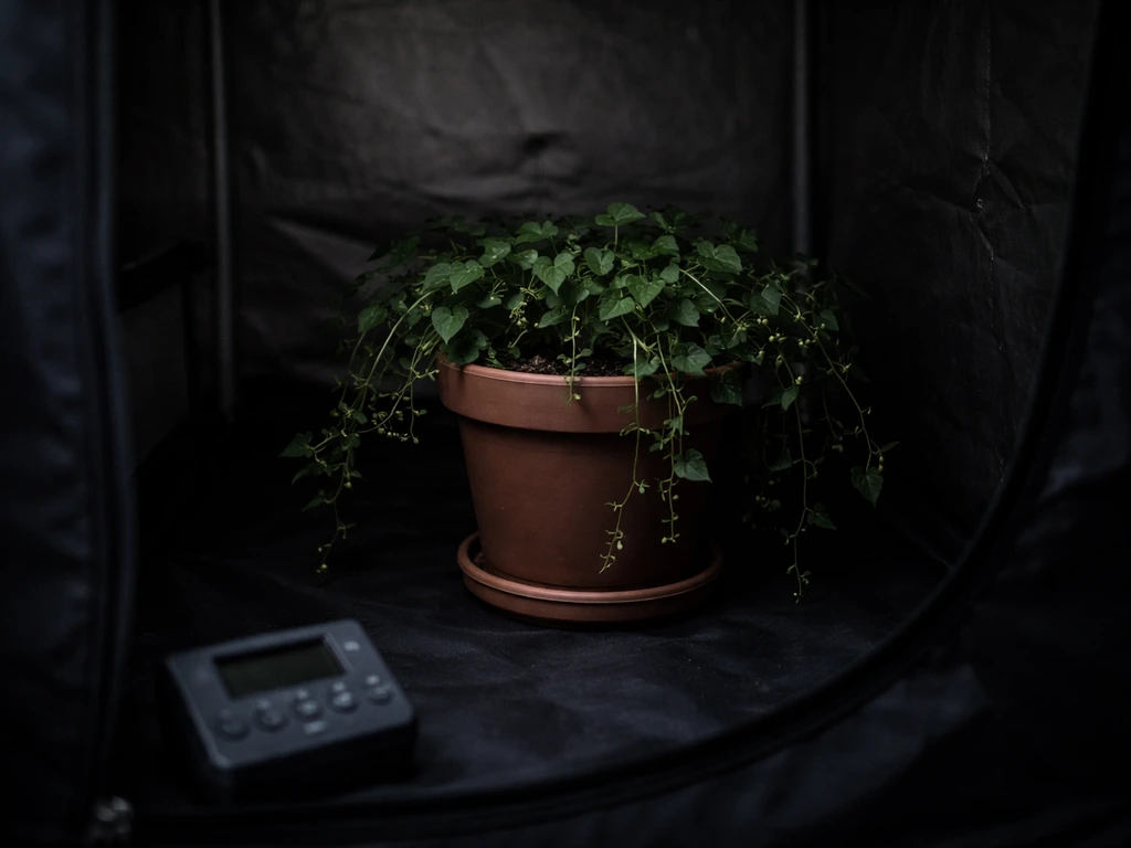 Potted glow-berry plant inside a dark grow tent during the lights-off period, timer unlit.