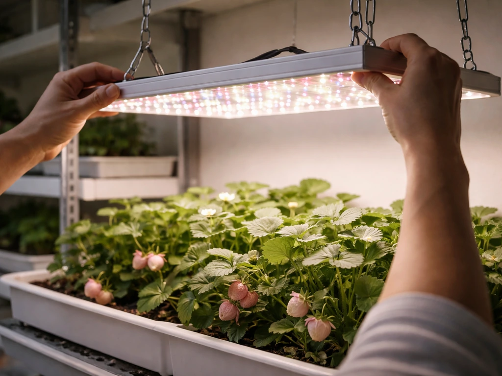 Hands adjusting a full-spectrum LED grow light panel above indoor berry plants.