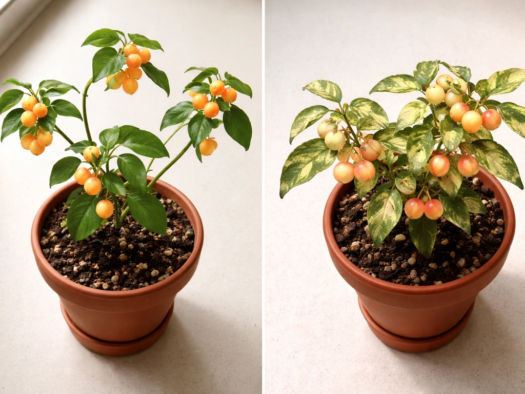 Two potted glow berry plants side-by-side: one leggy from too little light, one stressed from too much light.