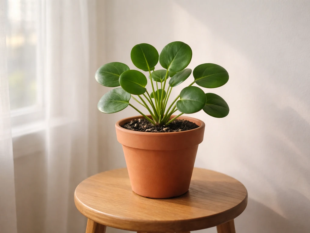 Healthy pilea thriving near a bright window with soft natural light filtering through sheer curtains