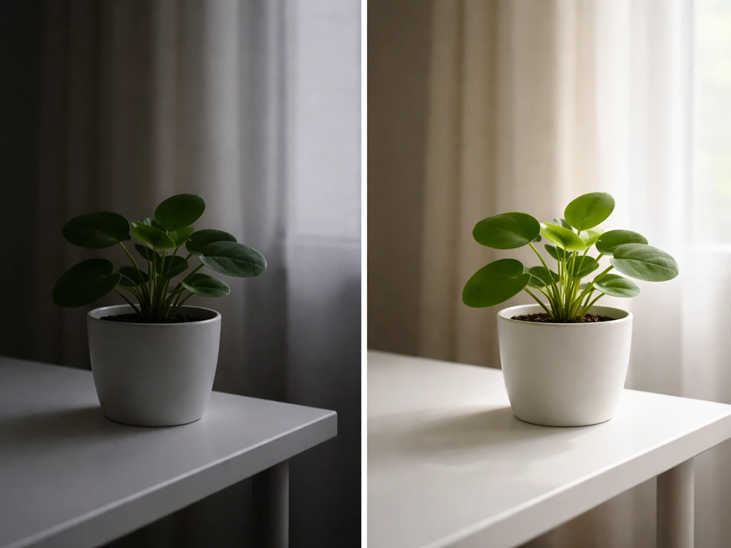 Houseplant by a window with soft shadows, representing low indoor light and brighter indirect light nearby.
