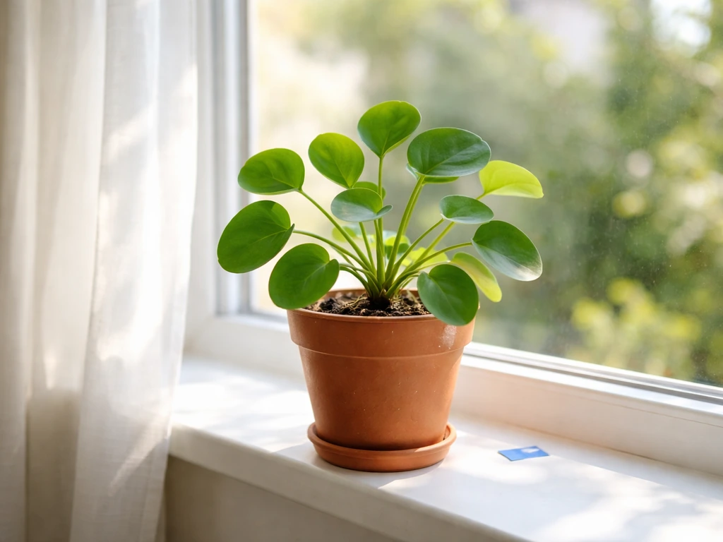 A small Pilea on a windowsill placed close to the glass, slightly rotated with a tiny marker.