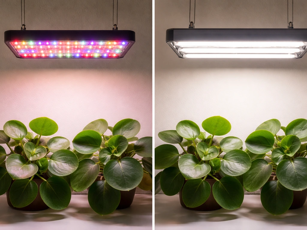 Side-by-side photo of a small LED grow light and a fluorescent T5 fixture over a Pilea plant.