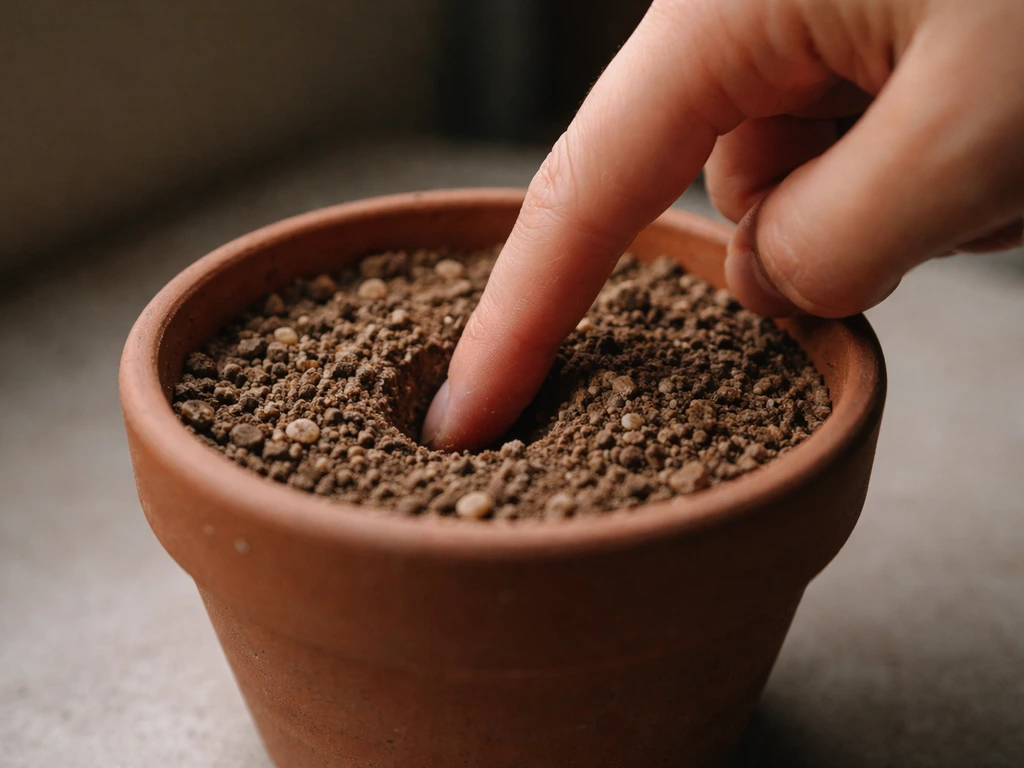 Finger checking potting soil moisture, top layer visibly dry before watering low-light pilea