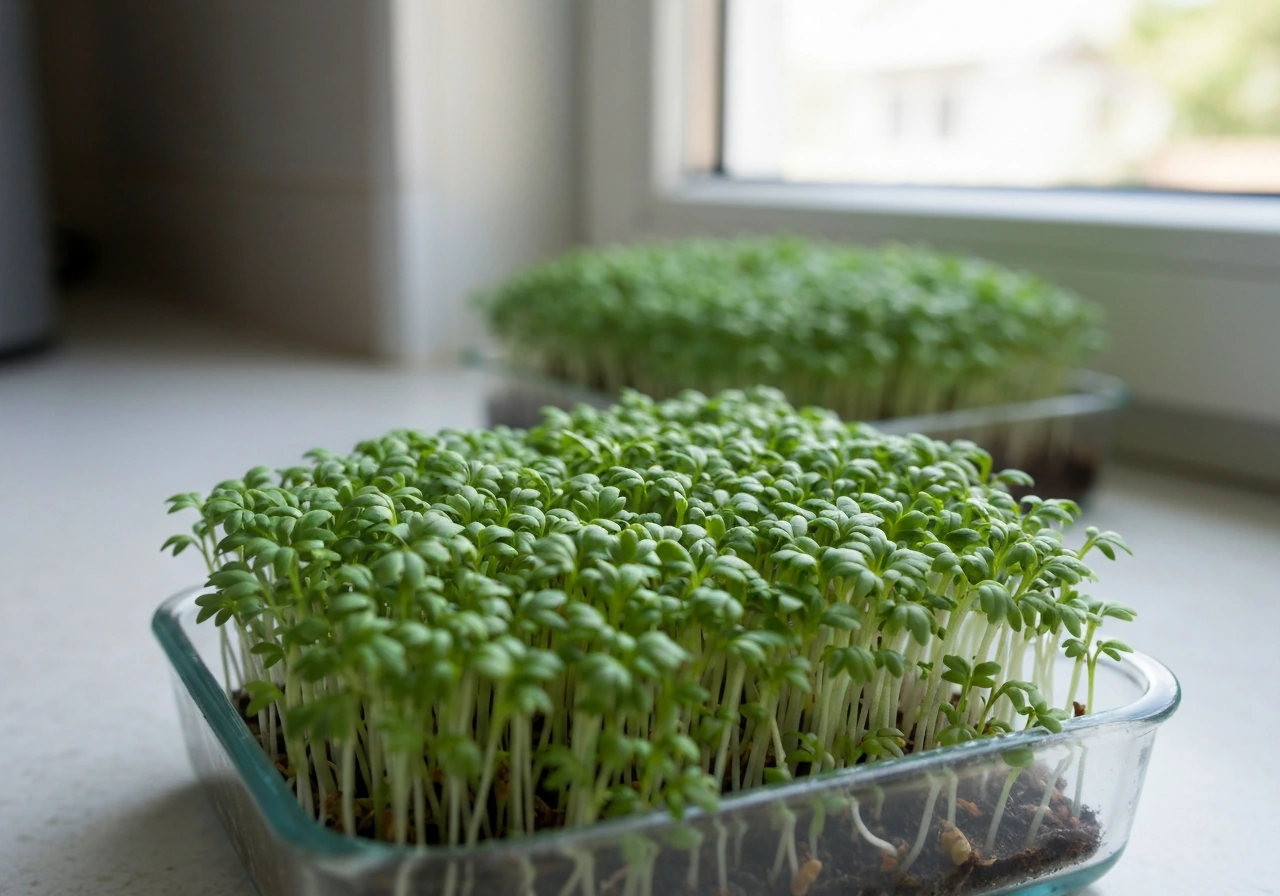 Healthy green cress seedlings thriving indoors in a glass tray on a sunny windowsill.
