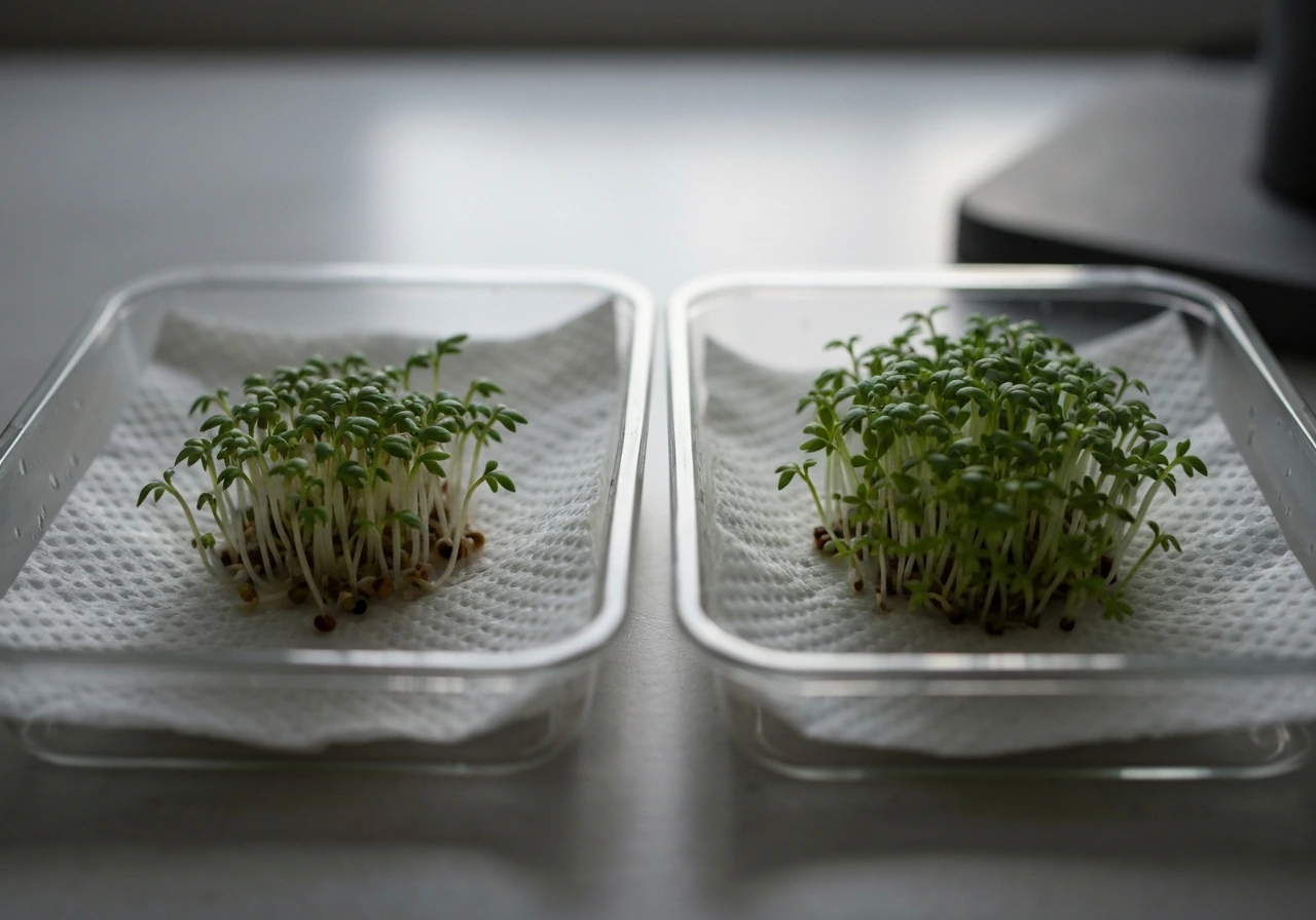 Close-up of cress seeds sprouting: pale weak sprouts in low light vs greener stronger growth in light