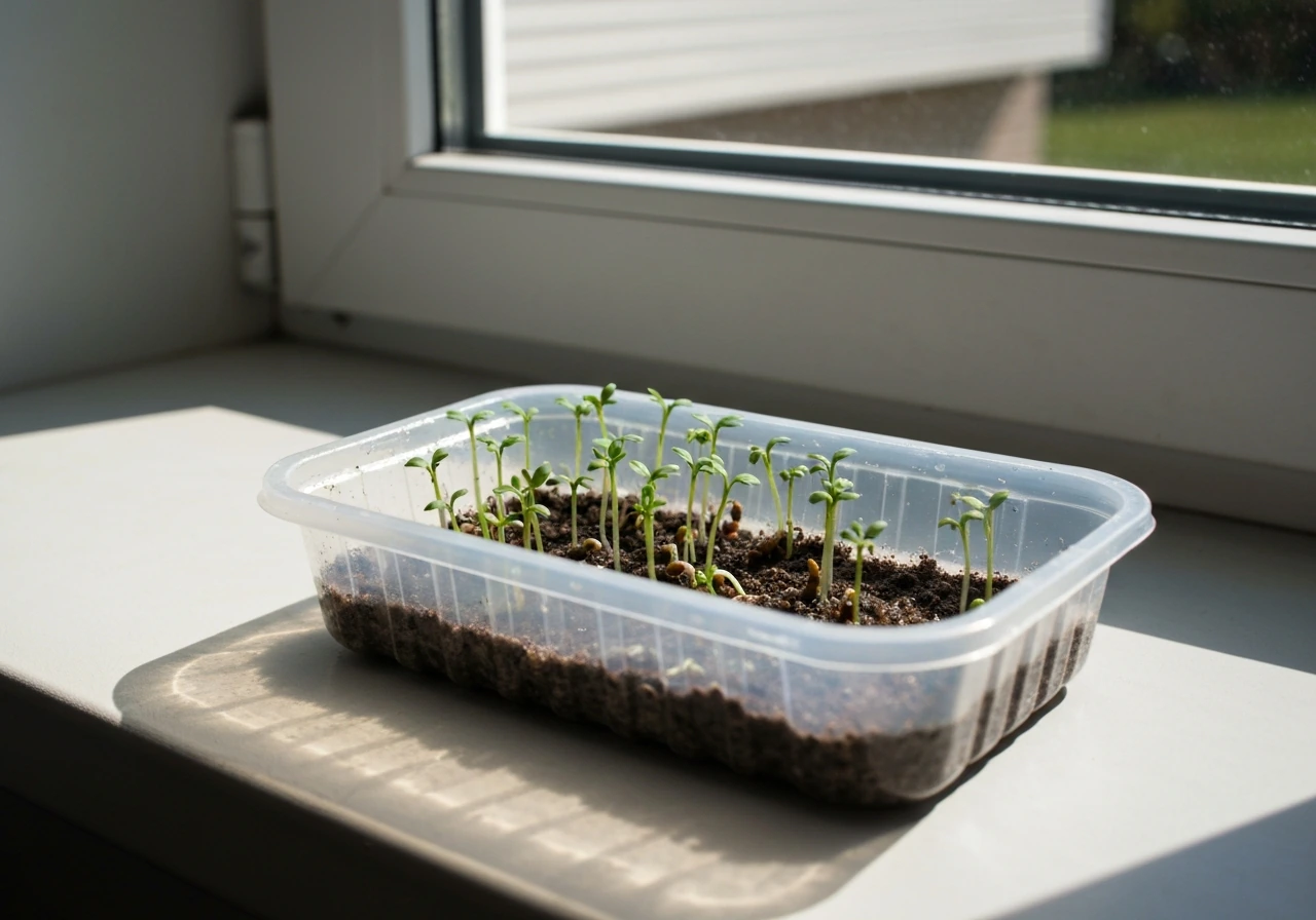 Shallow tray of cress sprouts on a windowsill by a sunlit south/east-facing window