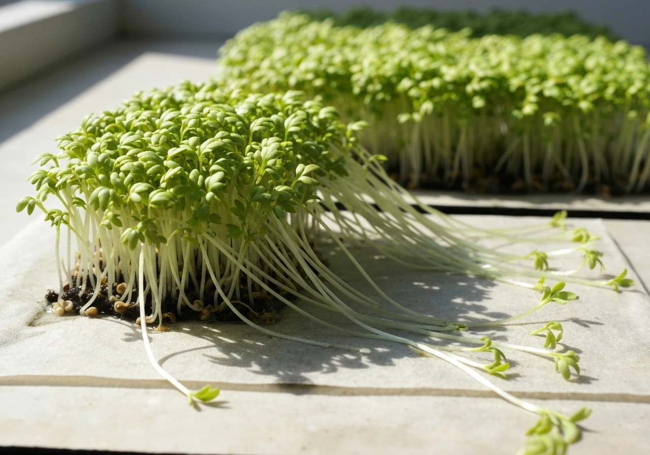 Leggy pale yellow-green cress seedlings stretching and flopping over in a shallow tray from low light.