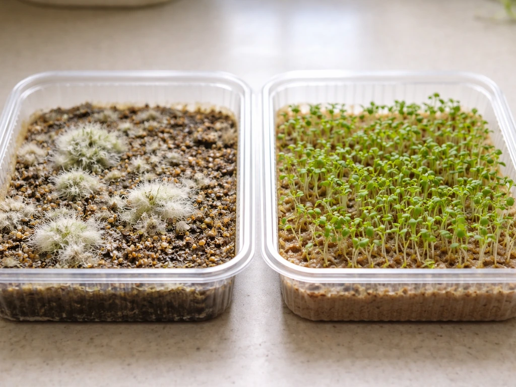 Close-up of cress growing medium with visible mold/algae beside a clean tray under light