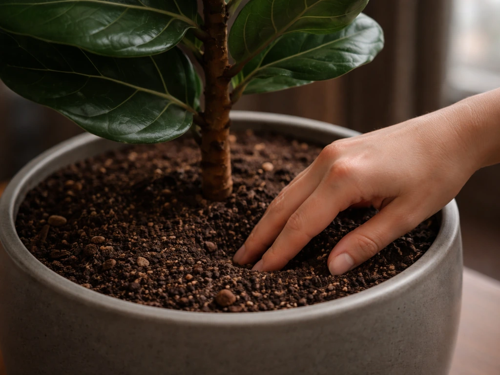 Hand checks the top soil moisture of a potted fiddle leaf fig before watering in low light.
