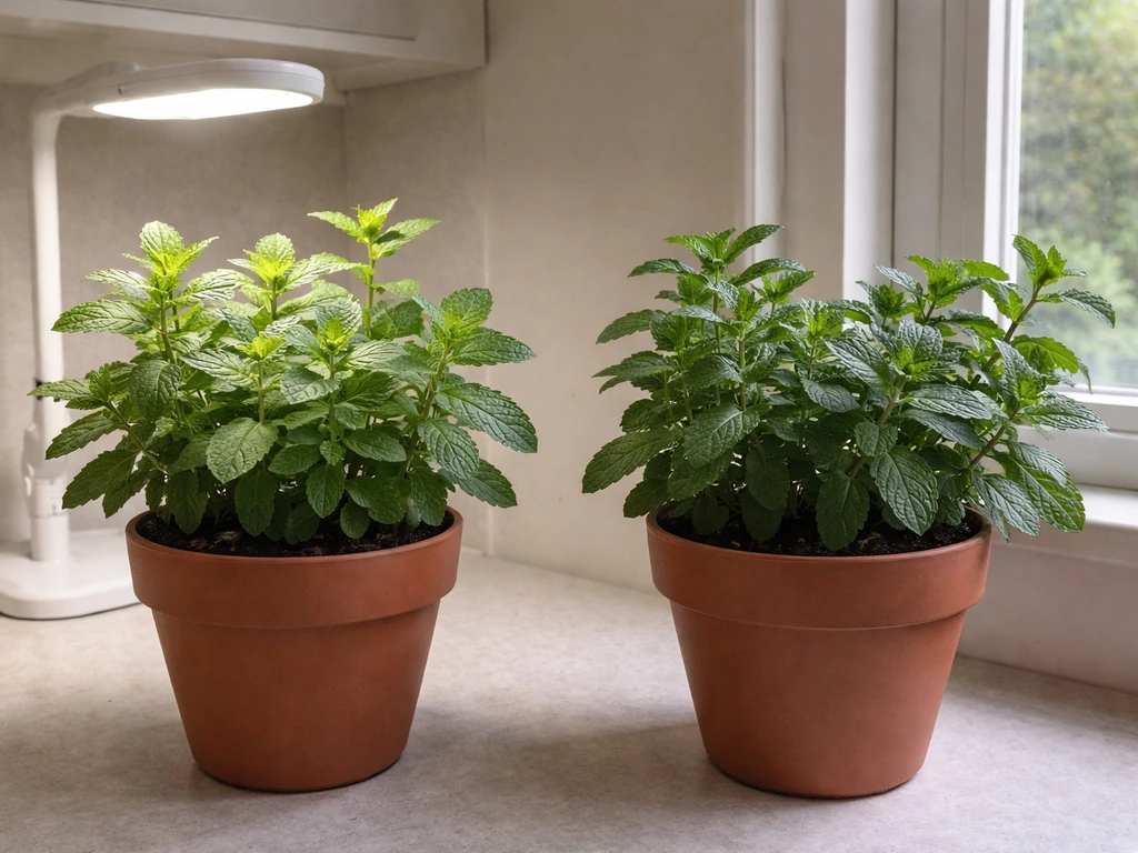 Two potted mint plants, one under an LED grow light and one near a dim window.