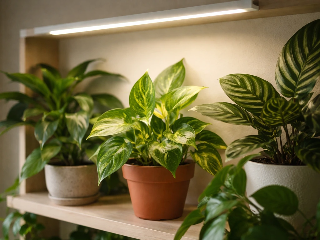 Leafy plants on an indoor shelf under an LED grow light, with lighting overhead not perfectly centered.