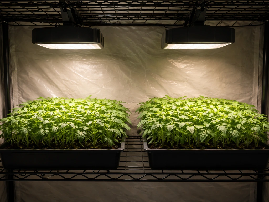 Two close hydroponic garden setups showing LED light centered on tomato canopy versus off-center.