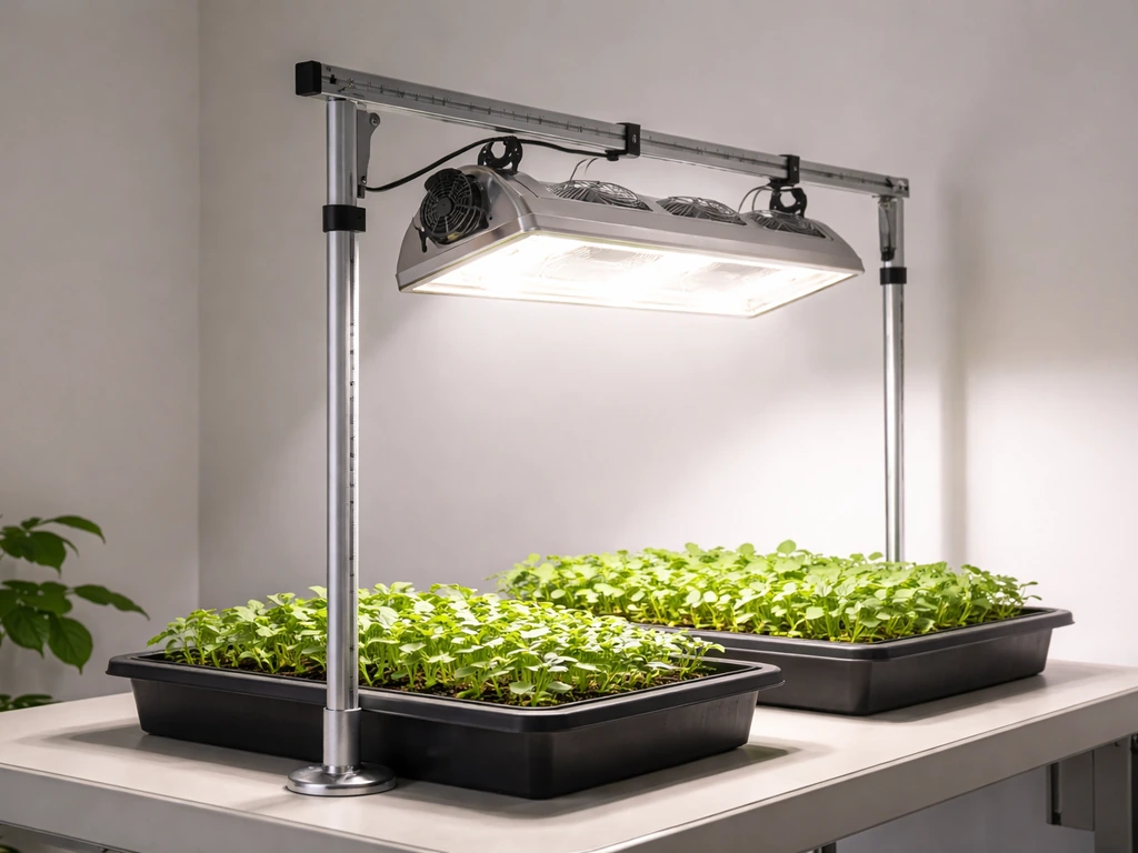 Adjustable grow light angled over plant trays with a visible height measurement on the stand.