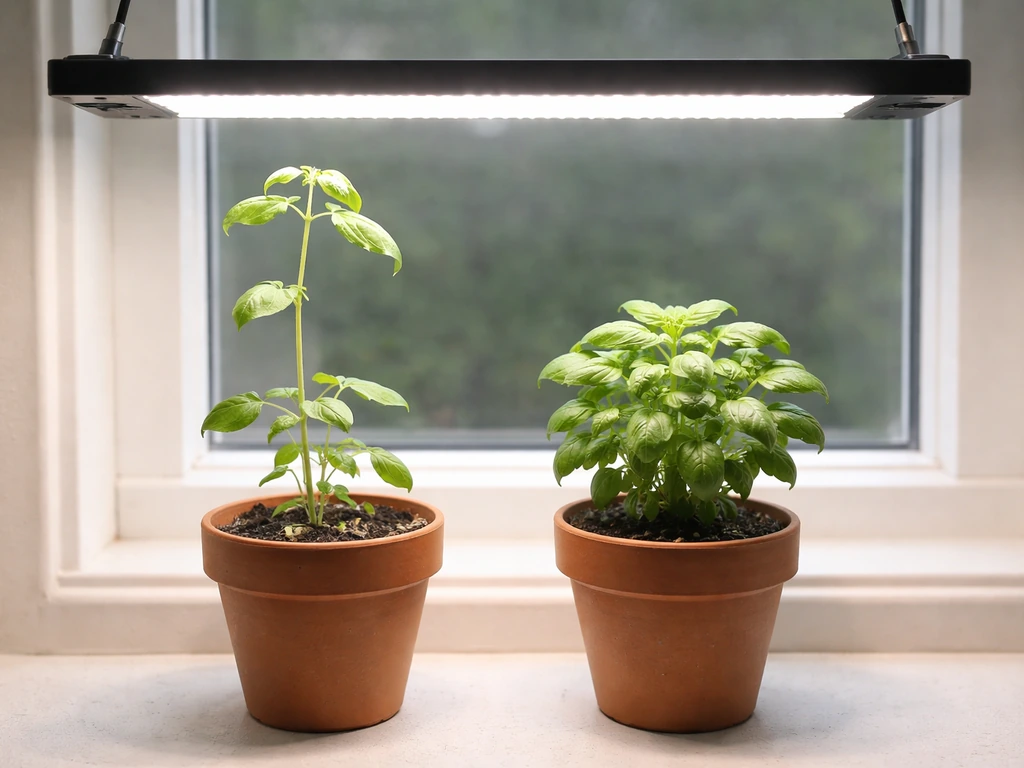 Two potted herb plants side-by-side: one leggy from too-dim light, the other compact under better distance.