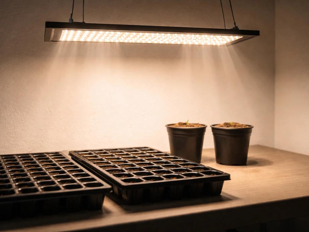 Overhead LED/quantum board casting overlapping light footprints onto multiple potted plants on a simple shelf.