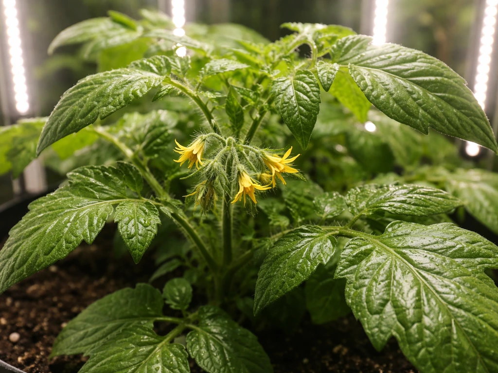 Close-up of a tomato plant canopy under grow lights, focused on leaves and flowering clusters.