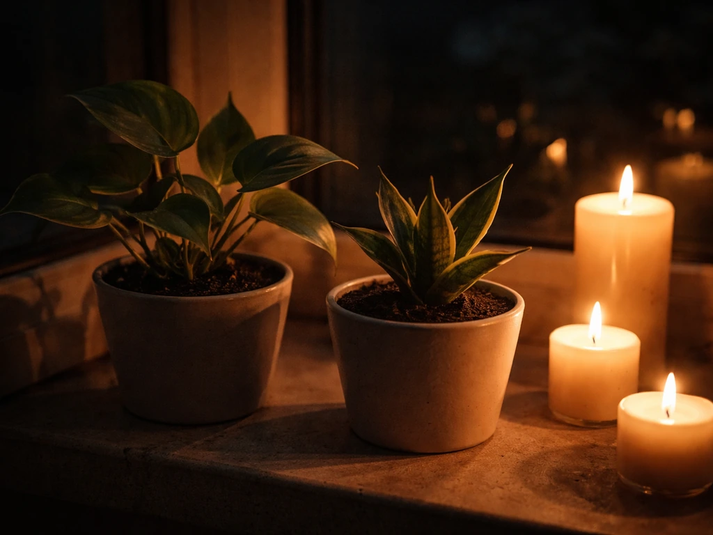 Potted plants on a windowsill lit by warm, uneven candlelight at night, showing weak light.