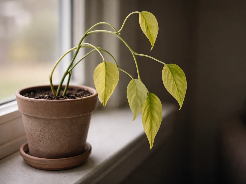 Close-up of a leggy houseplant with pale yellowing leaves near a window, showing low-light stress.