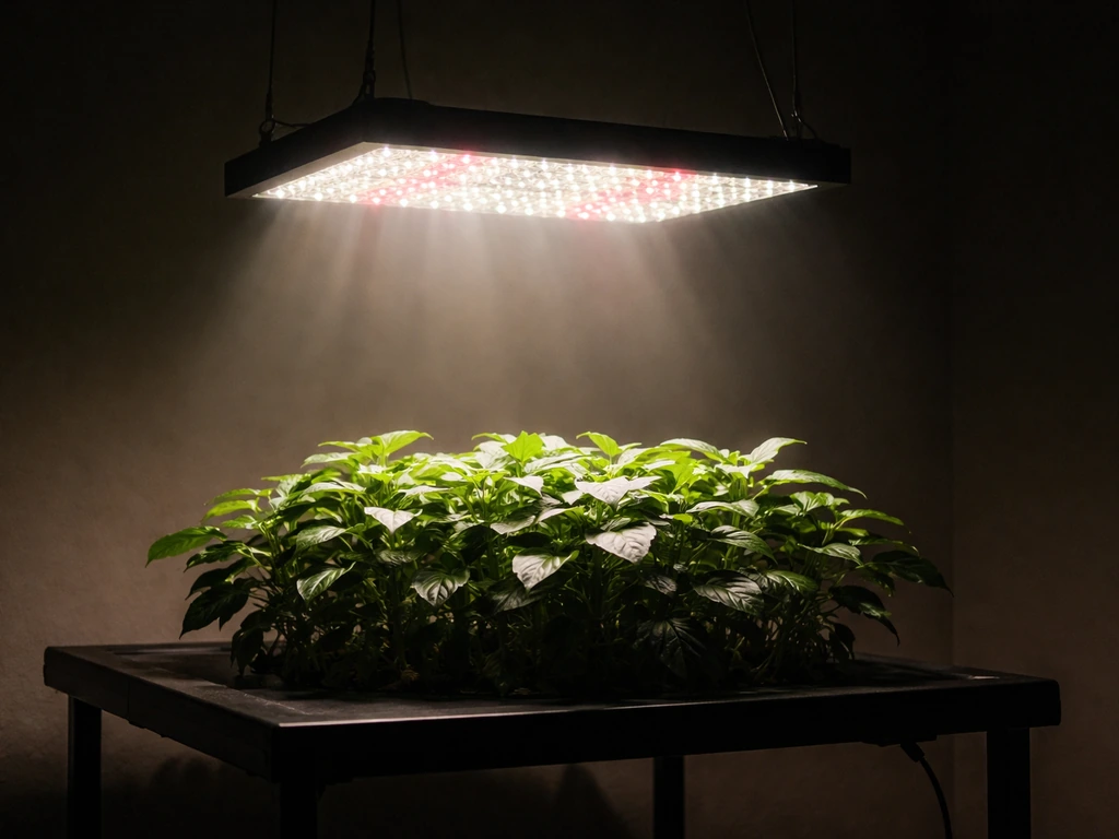 An LED grow light panel shines over a small plant canopy in a dim room.