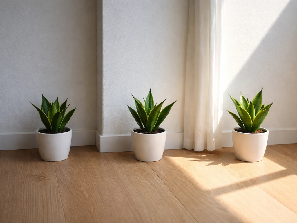 Three potted plants in dim, indirect, and bright window light zones in a simple indoor corner.