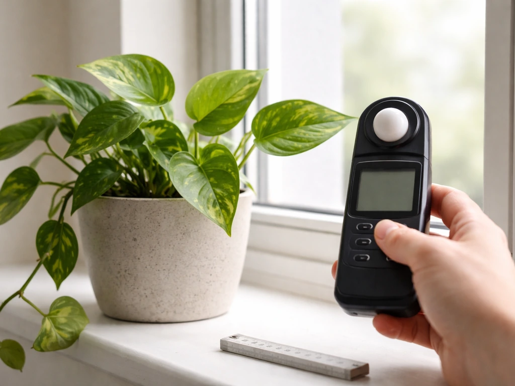 Handheld light meter beside a pothos near a window at different distances for a home low-light check