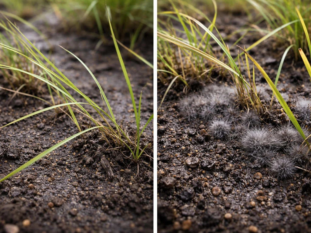 Close-up of thin pale grass blades next to dark mold growth on exposed soil surface.