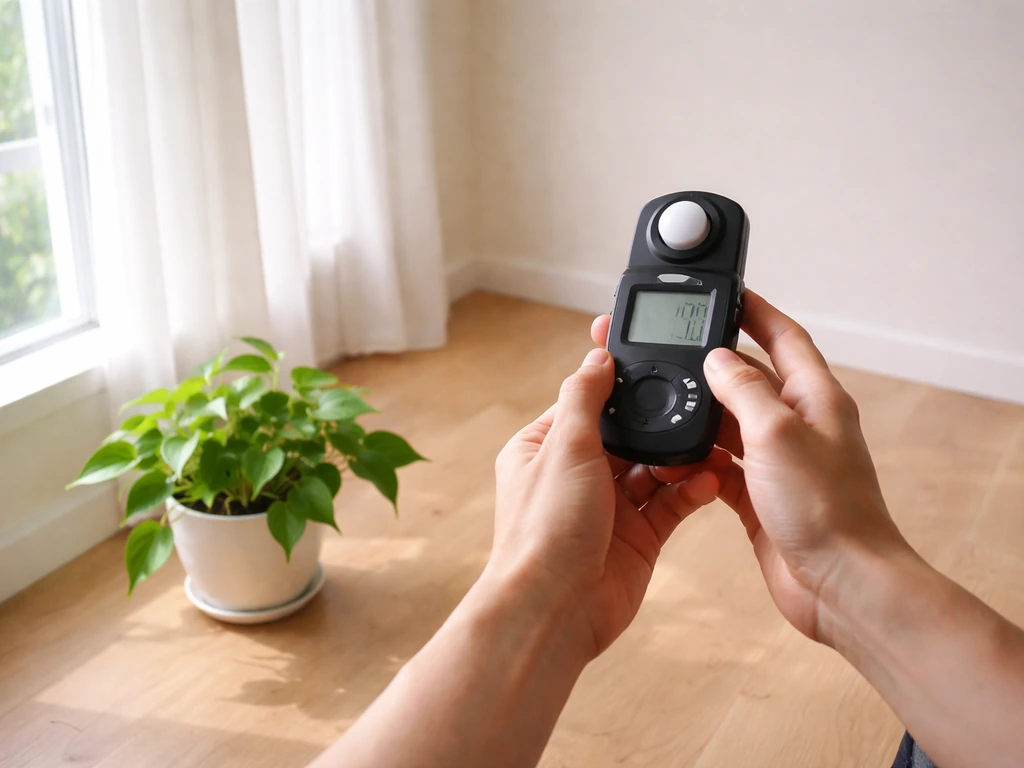Person holding a light meter beside a pothos plant in a bright room, checking light levels.