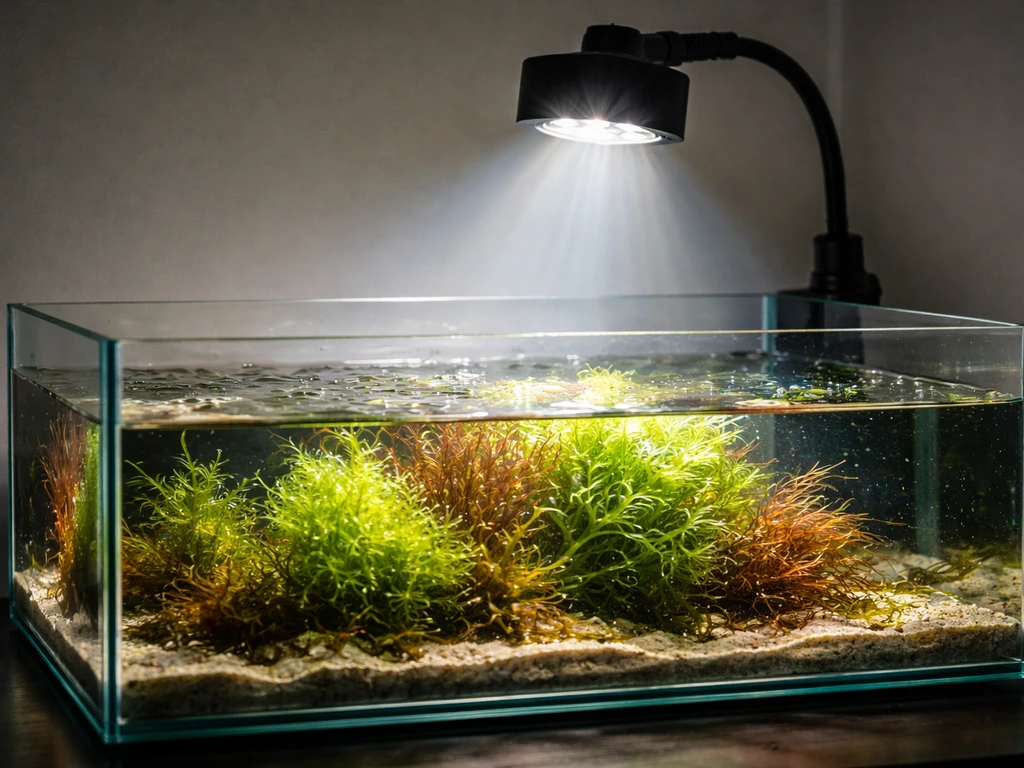 Indoor aquarium refugium with macroalgae illuminated by an LED grow light over clear seawater.