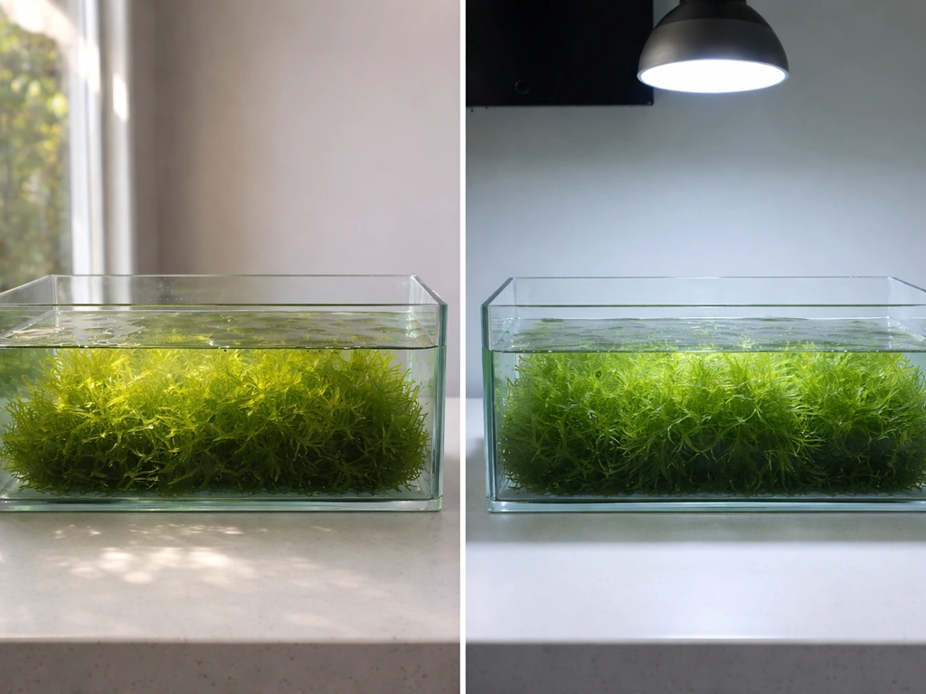 Seaweed in two adjacent tanks, one in direct sunlight and one under a grow light, similar growth response.