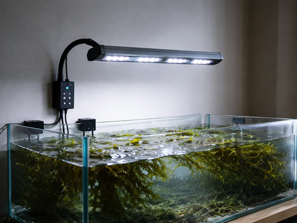 LED grow light over an indoor seaweed tank with simple controller/lighting setup, no text or labels visible.