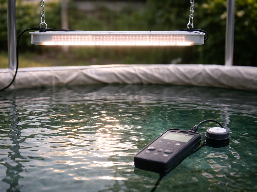 LED grow light suspended above water with a PAR meter near the surface to show light intensity changes.