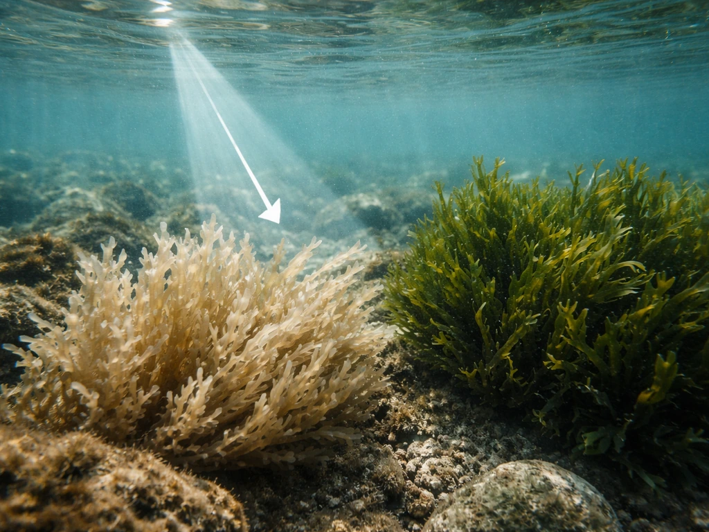 Pale bleached seaweed fronds beside dark green healthy fronds in shallow water.