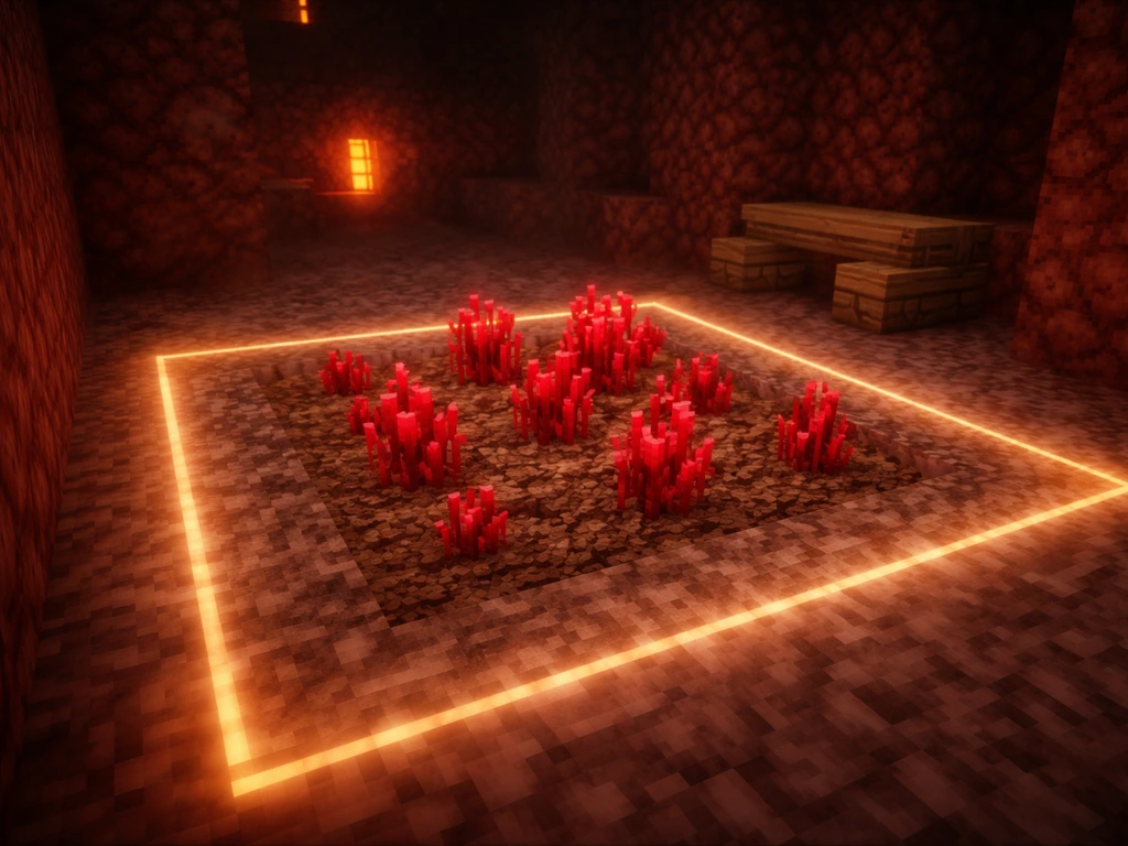 Nether wart farm with a faint glowing active-chunk boundary; warts grow inside the range only.
