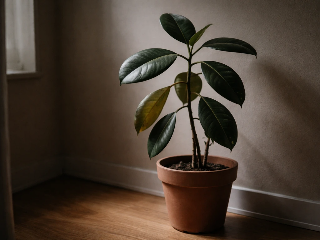 Rubber plant in a dim corner with soft shadows and slightly drooping leaves, showing low-light struggle