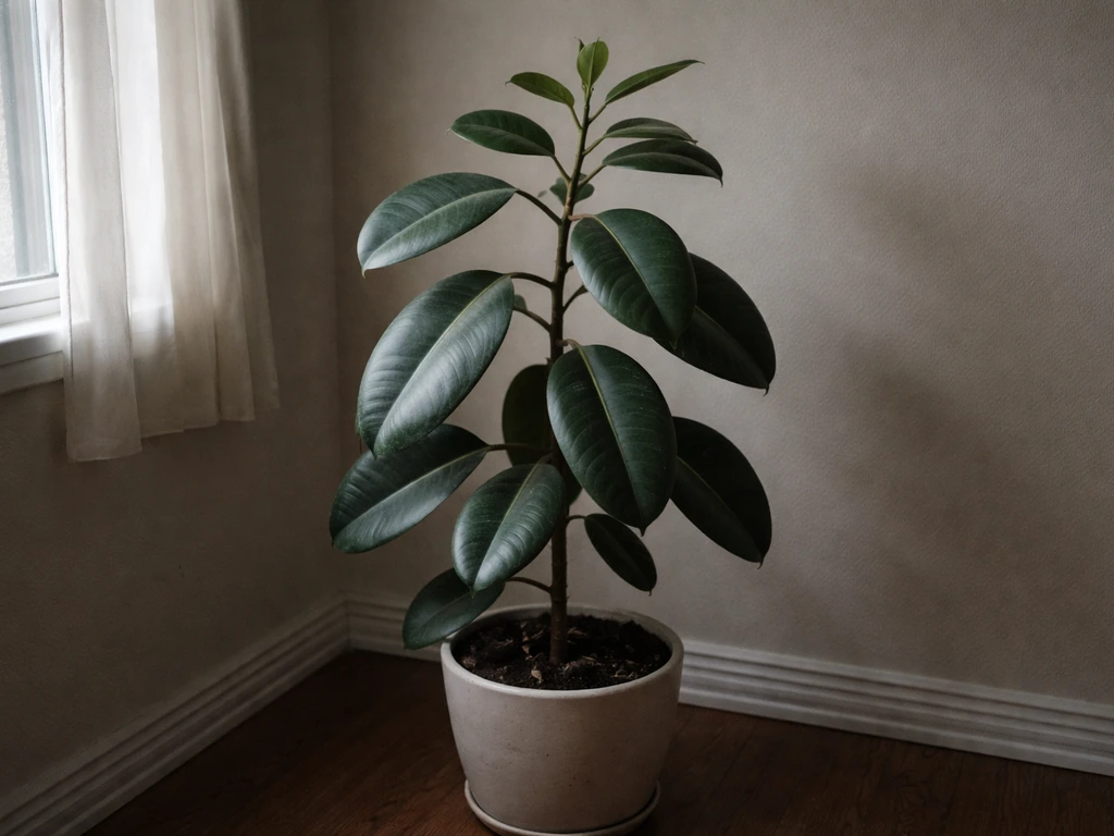 Rubber plant in a dim room showing droopy leaves and sparse new growth from low light