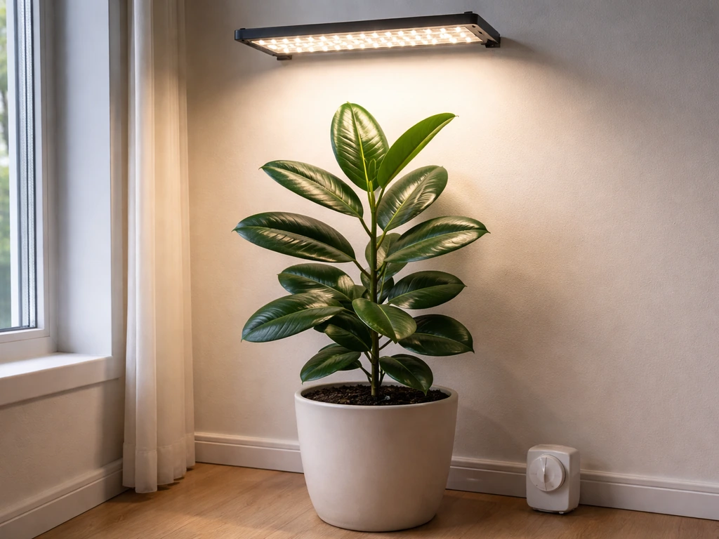 Full-spectrum LED panel shining over a rubber plant with a simple timer on the floor nearby.