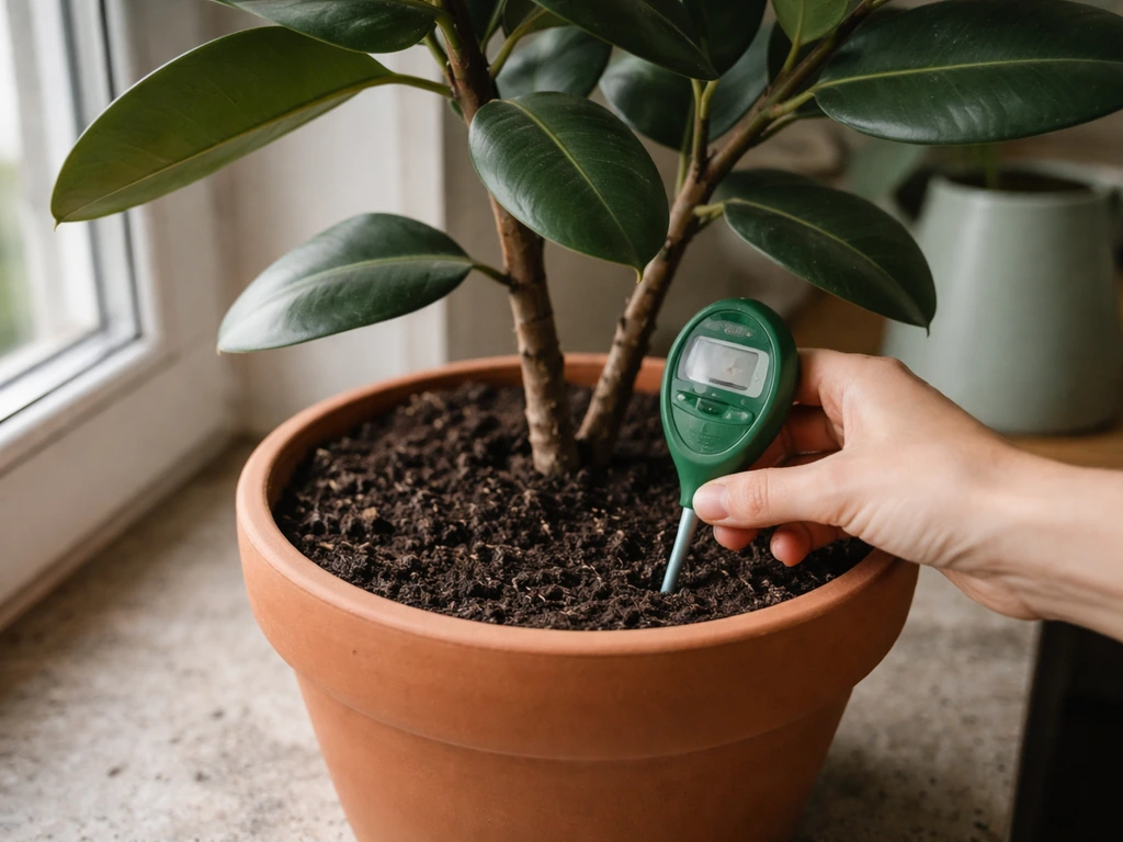 Close-up of a hand checking soil moisture in a rubber plant pot to delay watering.